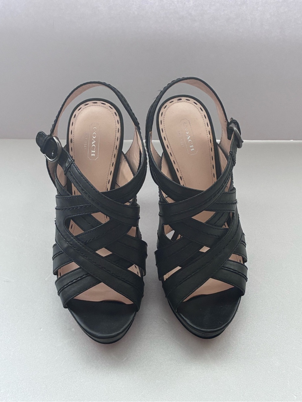 Coach Black Leather Crisscross Slingback Heels